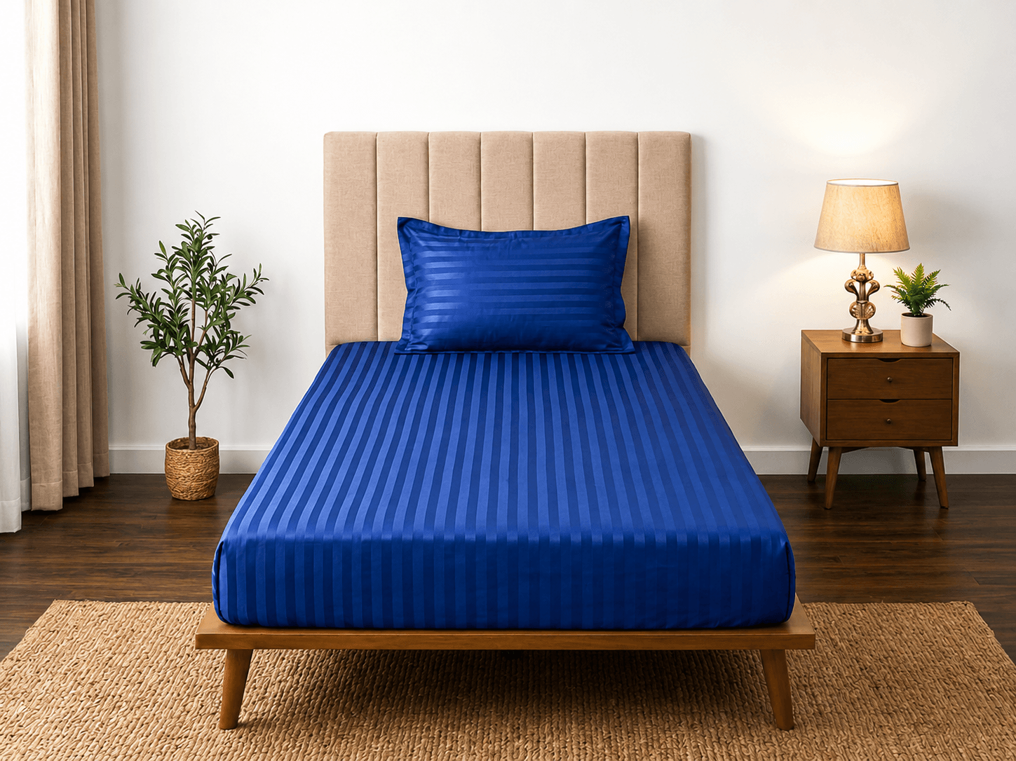 Satin Strips Single Bedsheet - Blue