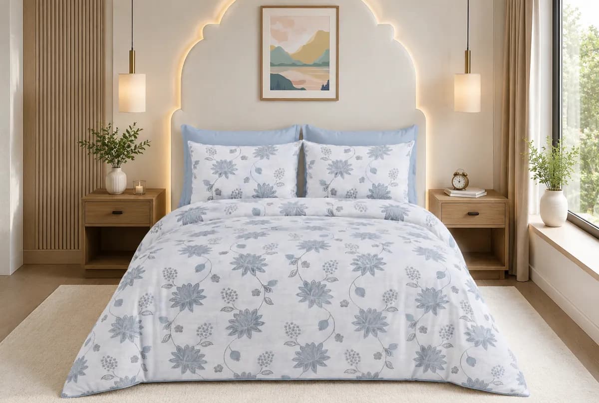 Petals Double Bedsheet - Misty Blue Blooms