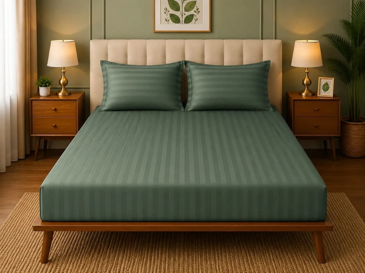 Satin Strips Double Bedsheet - Teal
