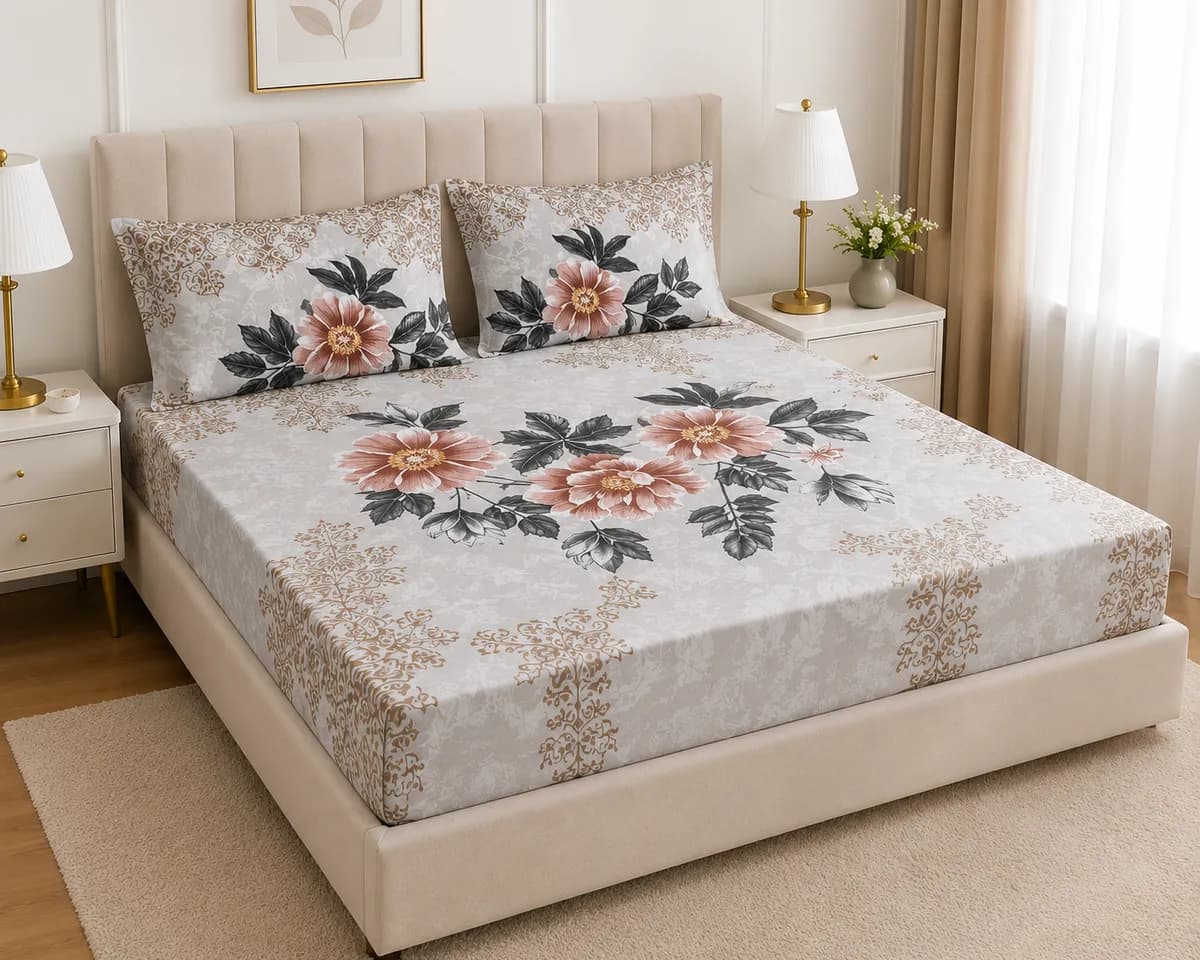 Fitted Bedsheet Set (220×250 cm) - Ivory Floral Printed