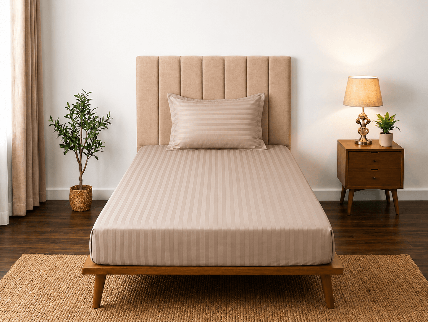 Satin Strips Single Bedsheet - Beige