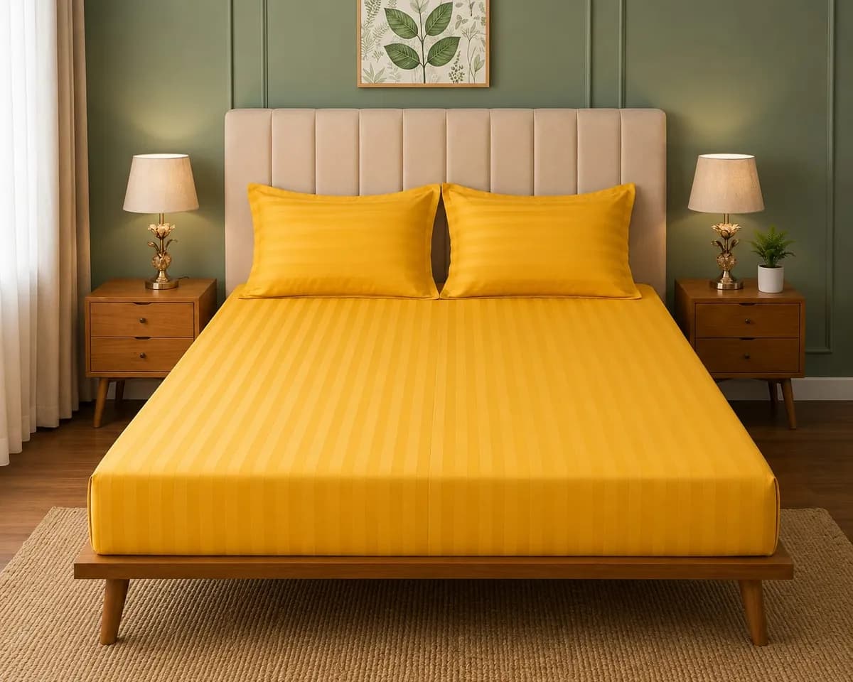 Satin Strips Double Bedsheet - Lemon Yellow