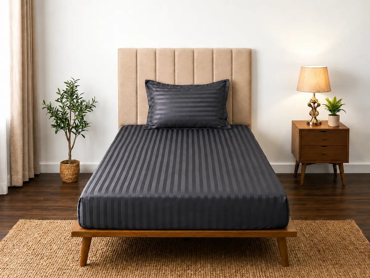 Satin Strips Single Bedsheet - Dark Grey