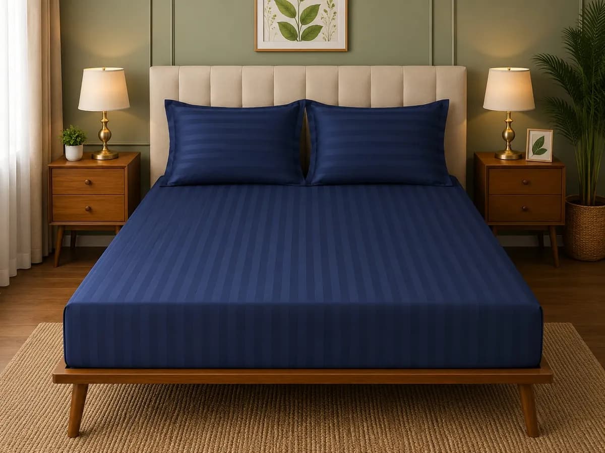 Satin Strips Double Bedsheet - Royal Blue