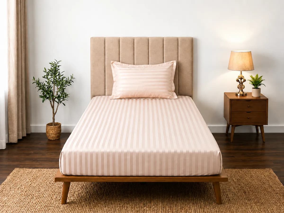 Satin Strips Single Bedsheet - Light Cream