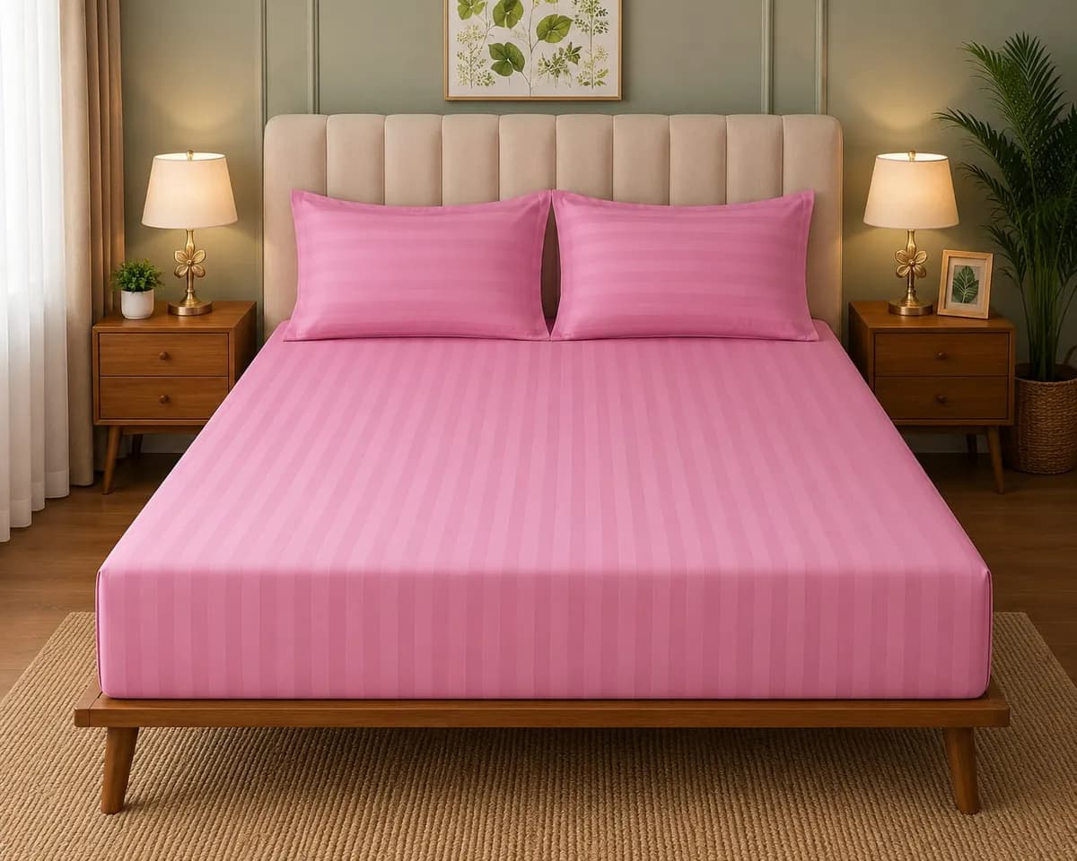Satin Strips Double Bedsheet - Pink