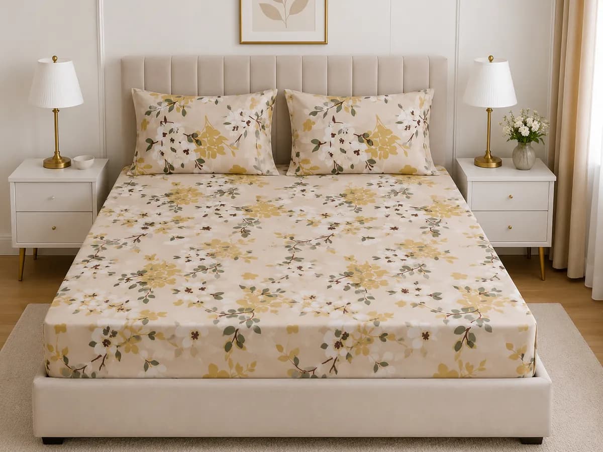 Fitted Bedsheet Set (220×250 cm) - Champagne Beige Floral