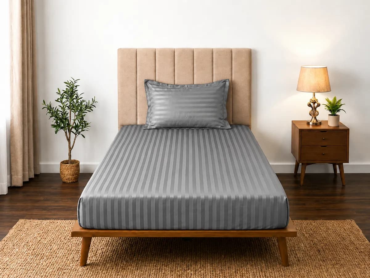 Satin Strips Single Bedsheet - Ash Grey