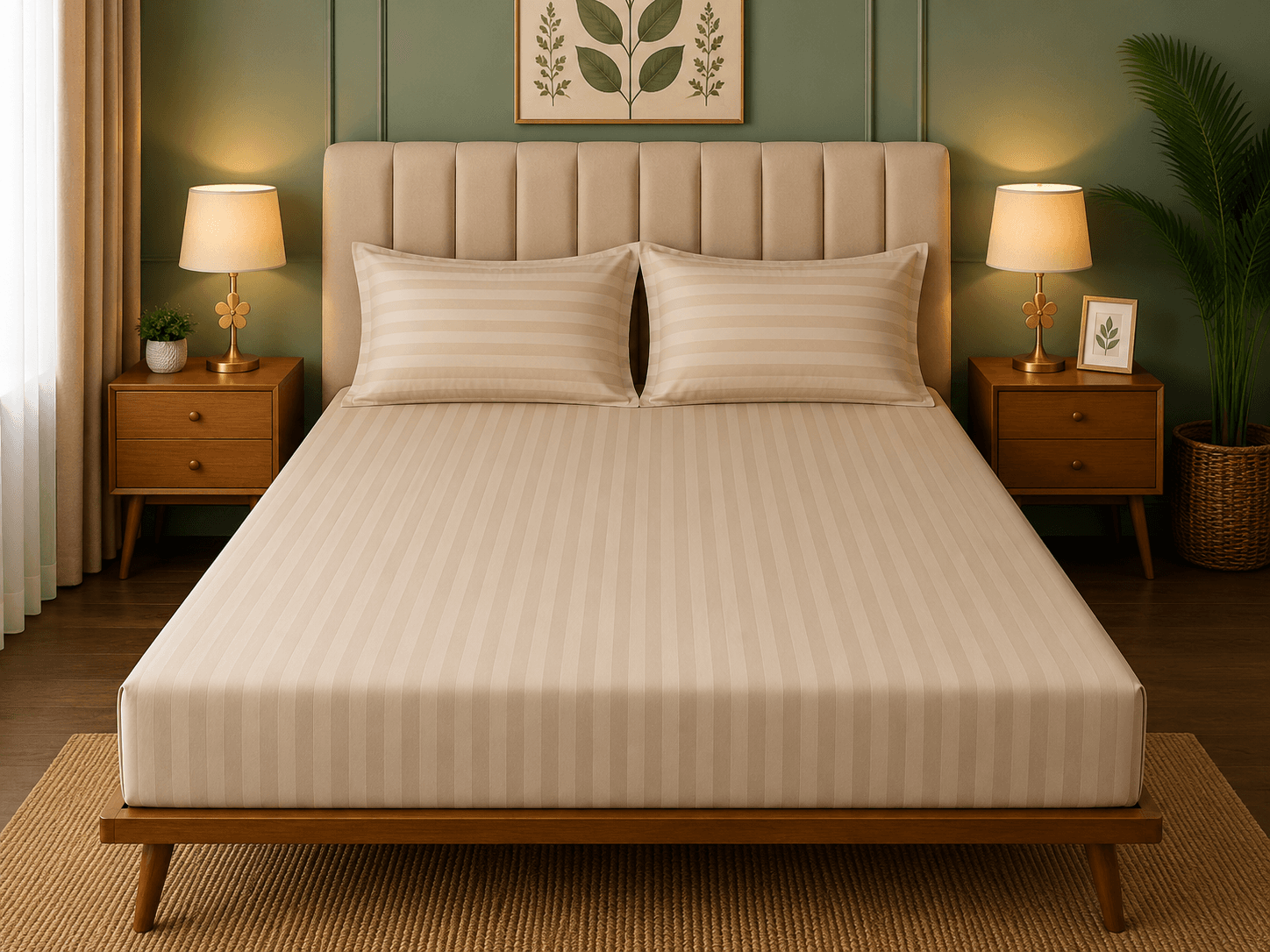 Satin Strips Double Bedsheet - Beige