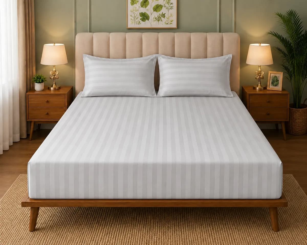 Satin Strips Double Bedsheet - Light Grey
