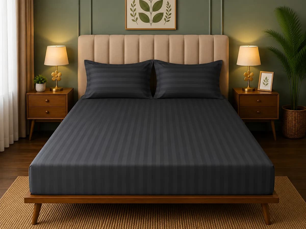 Satin Strips Double Bedsheet - Charcoal
