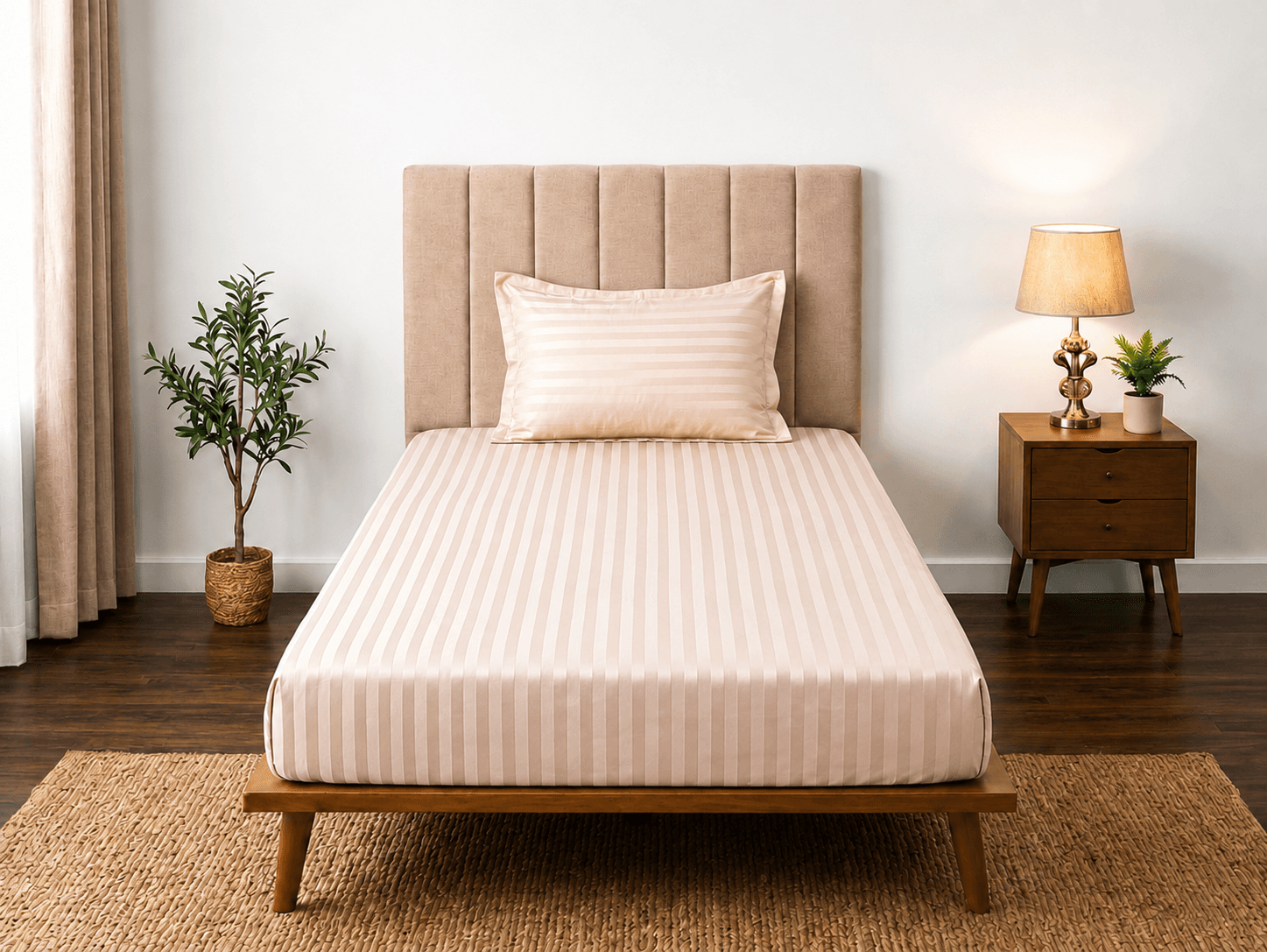 Satin Strips Single Bedsheet - Light Cream