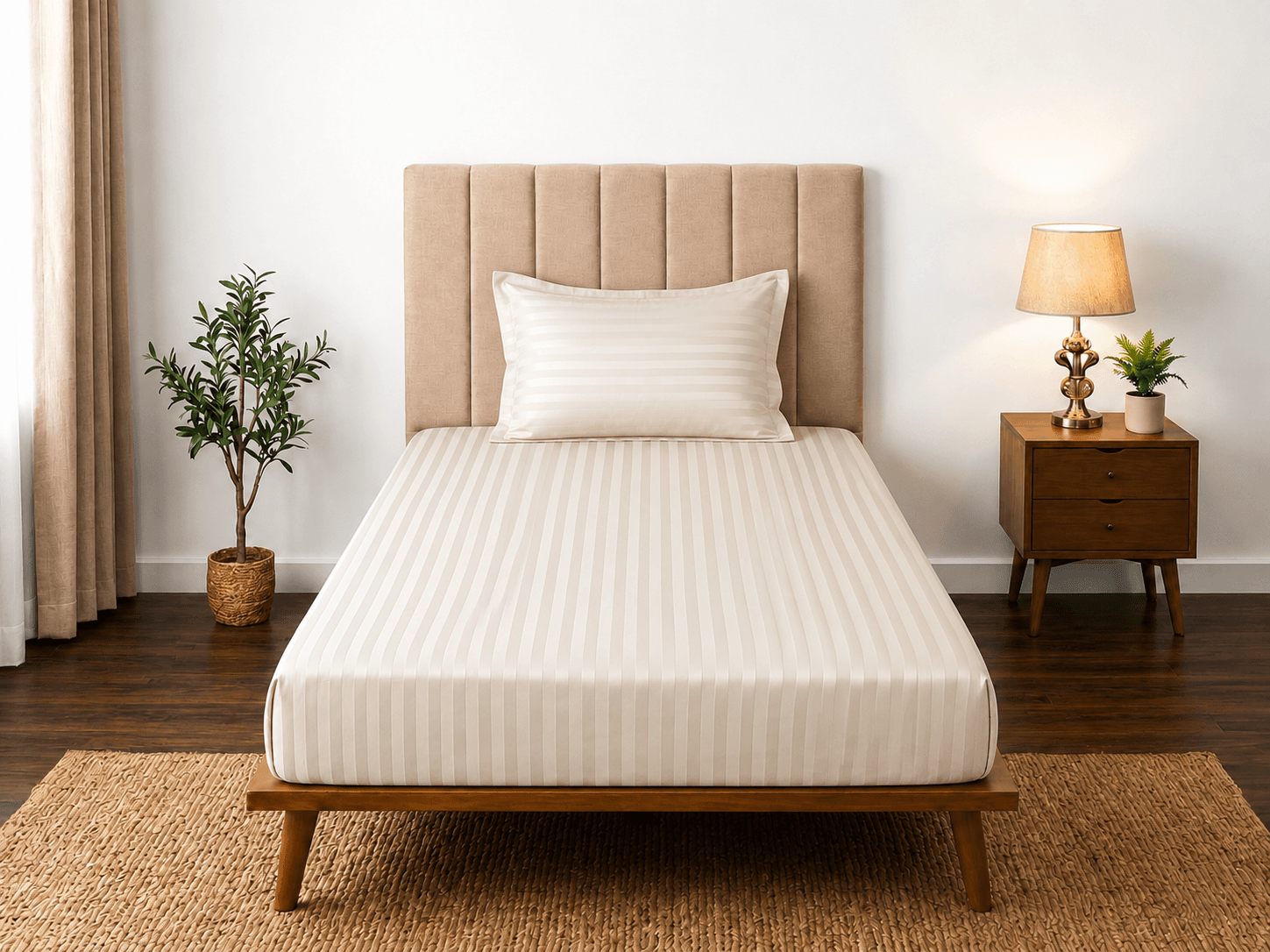 Satin Strips Single Bedsheet - Medium Beige