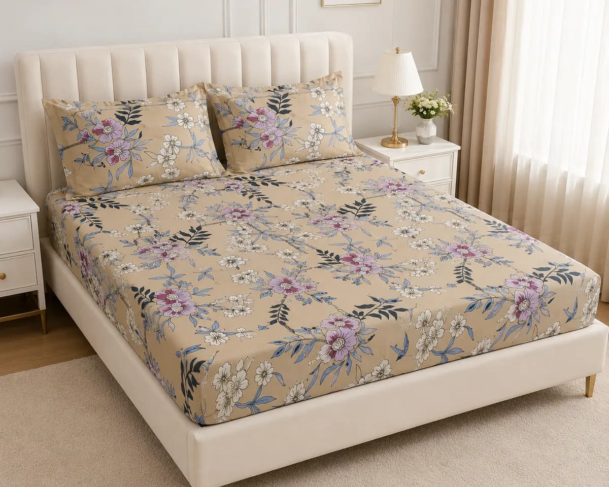 Fitted Bedsheet Set (220×250 cm) - Sand Beige Floral