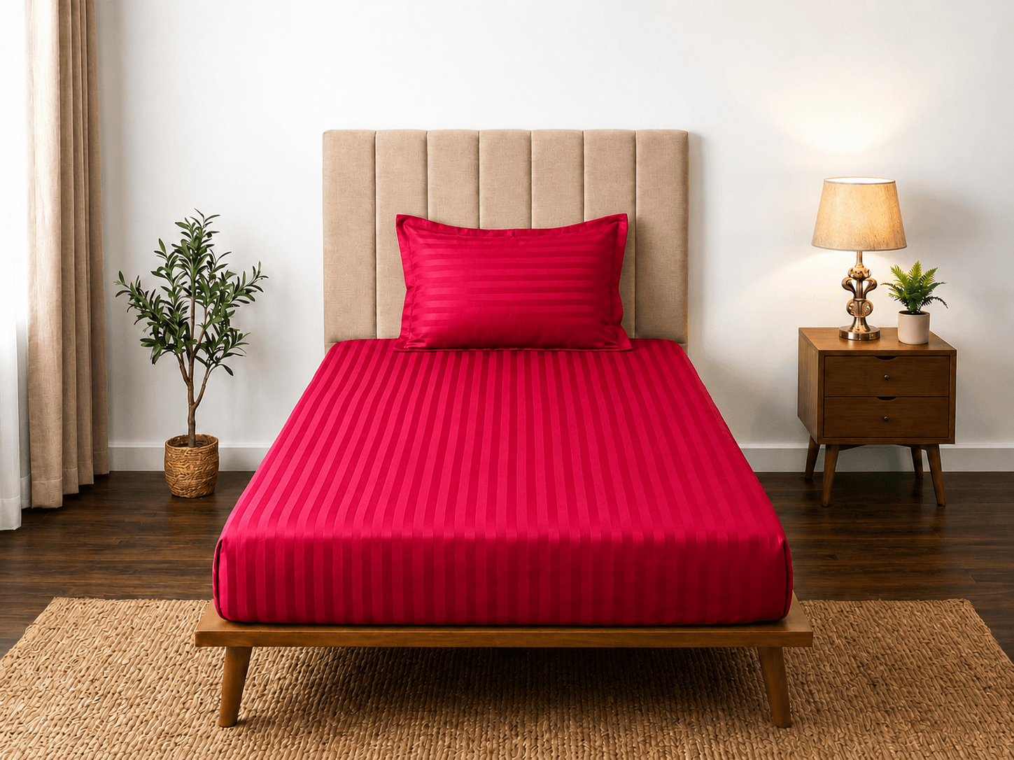 Satin Strips Single Bedsheet - Red