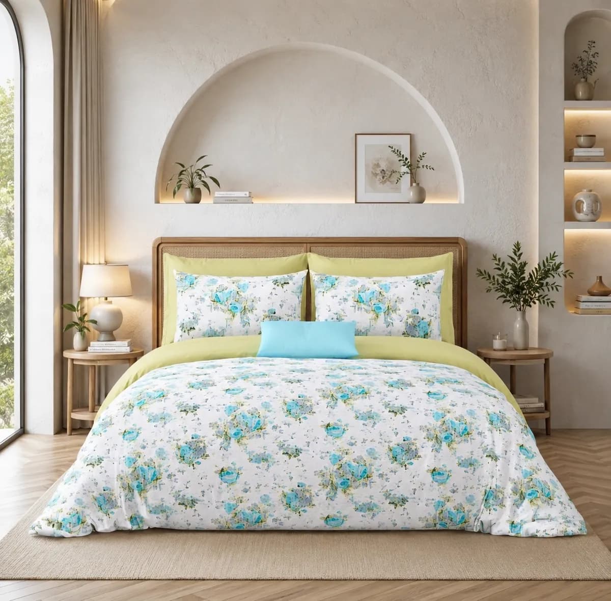 Petals Double Bedsheet - Aqua Blossom