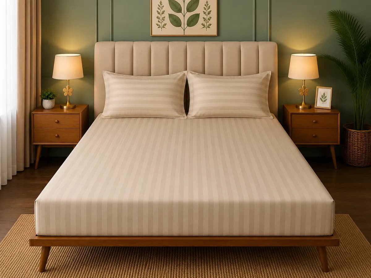 Satin Strips Double Bedsheet - Beige