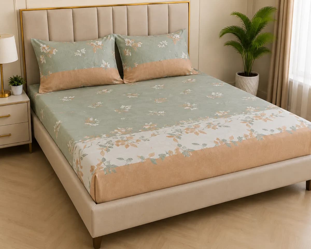 Regular Use Fitted Bedsheet Set - Green Floral with Beige