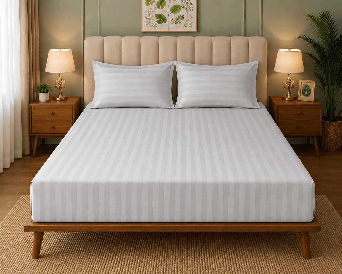 Satin Strips Double Bedsheet - Light Grey