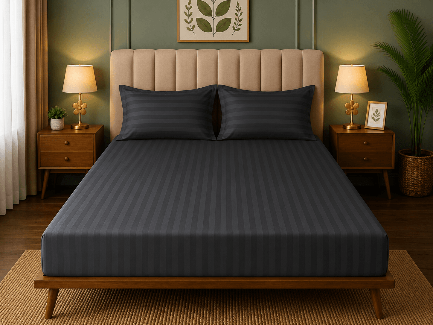 Satin Strips Double Bedsheet - Charcoal