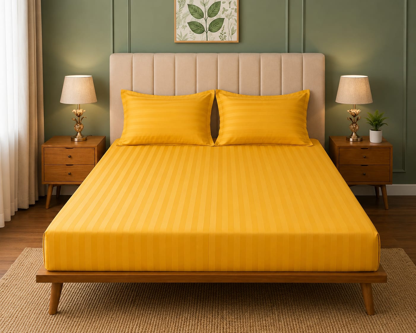 Satin Strips Double Bedsheet - Lemon Yellow