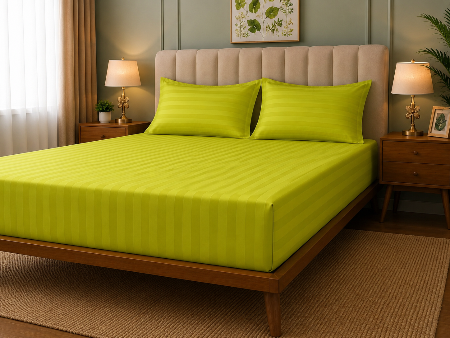 Satin Strips Double Bedsheet - Olive Green