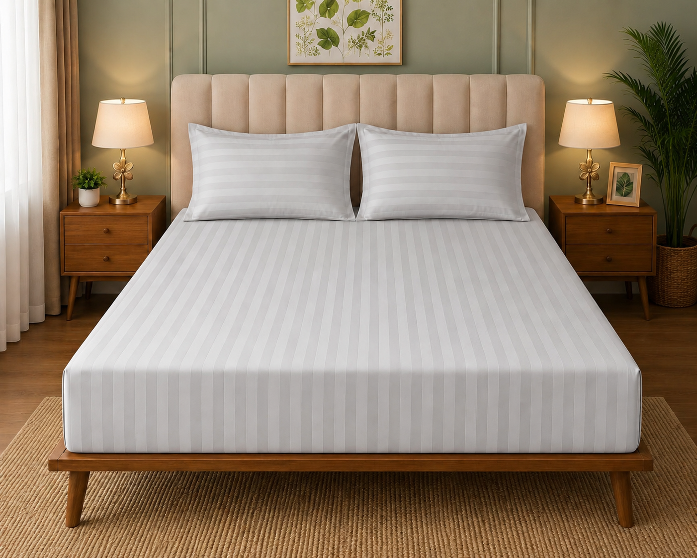 Satin Strips Double Bedsheet - Light Grey