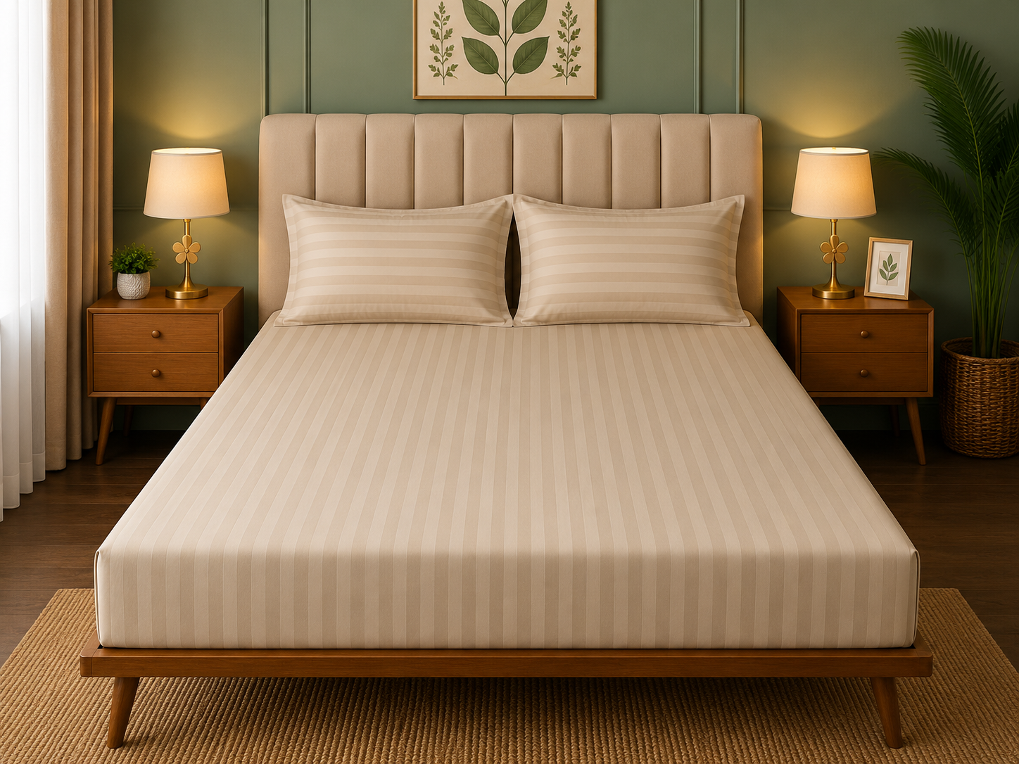 Satin Strips Double Bedsheet - Beige