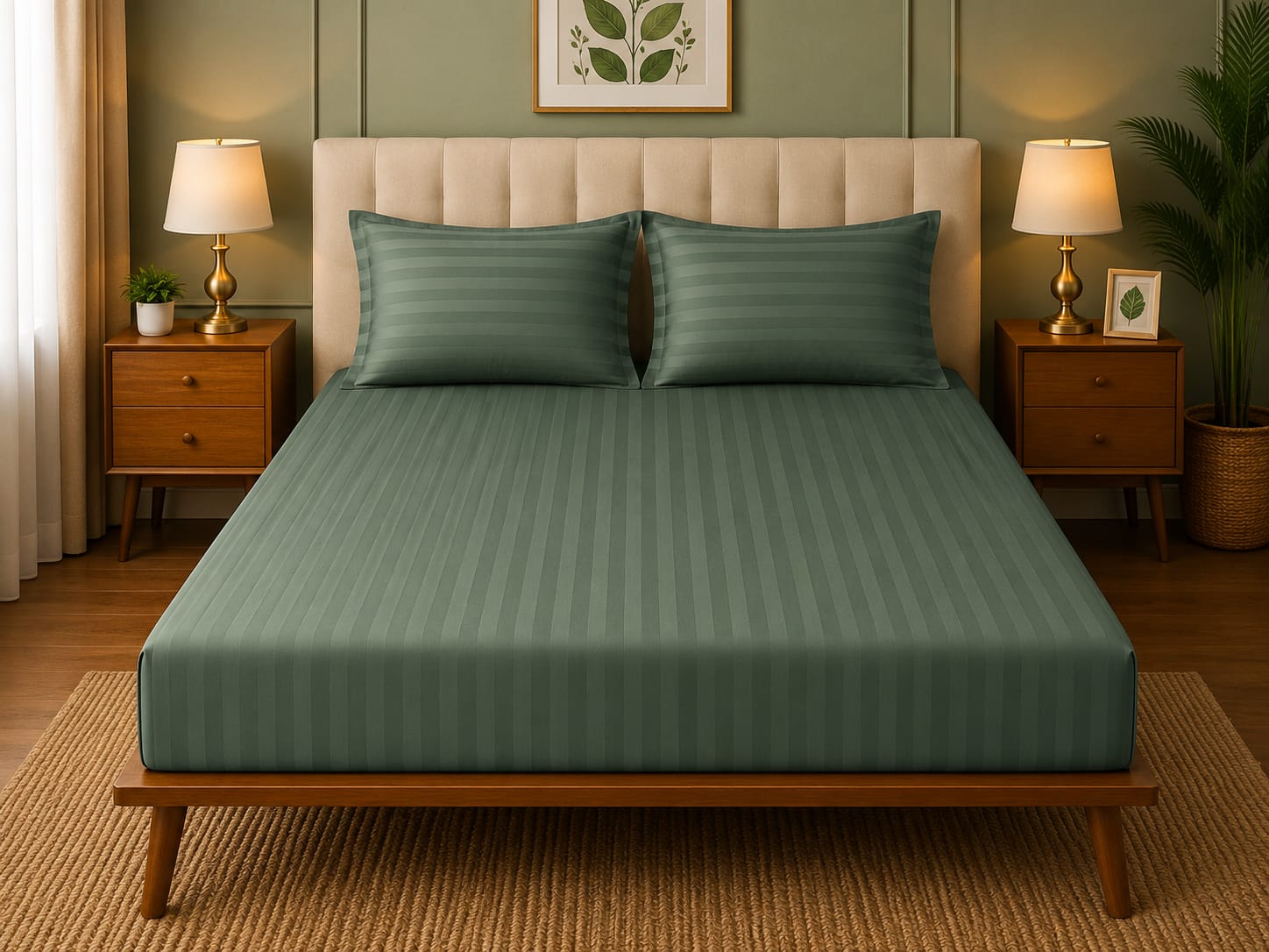 Satin Strips Double Bedsheet - Teal